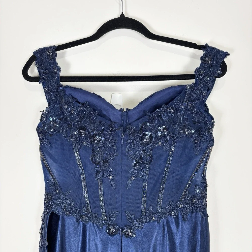 Stacey's Navy Satin Blue Beaded Off The Shoulder Prom Dress W/ Dramatic Slit Med